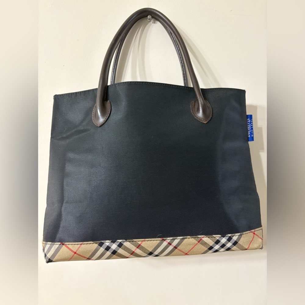 Burberry Black Tote with Check Trim and Brown Handles - Picture 3 of 16
